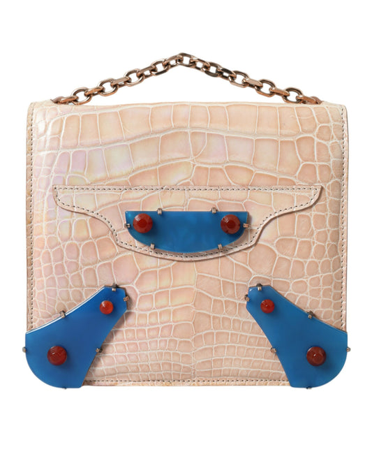 Beige Blue Agate Exotic Leather Gold Chain Purse Bag