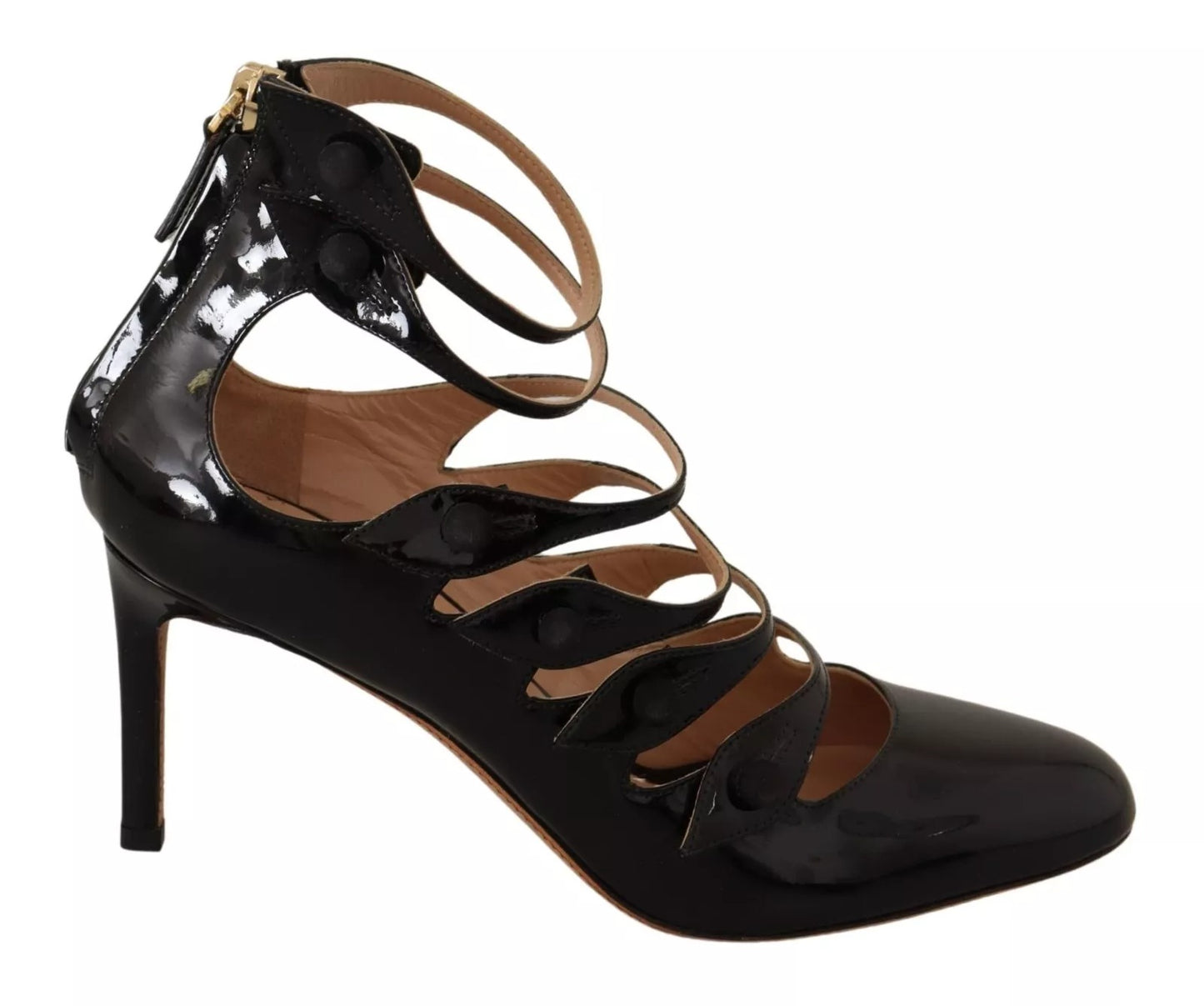 Black Multi Strap Leather Mid Heels Pumps Shoes