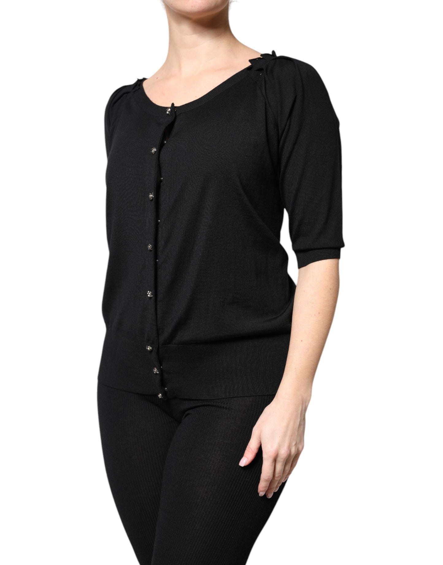 Black Button Down Short Sleeve Blouse Top