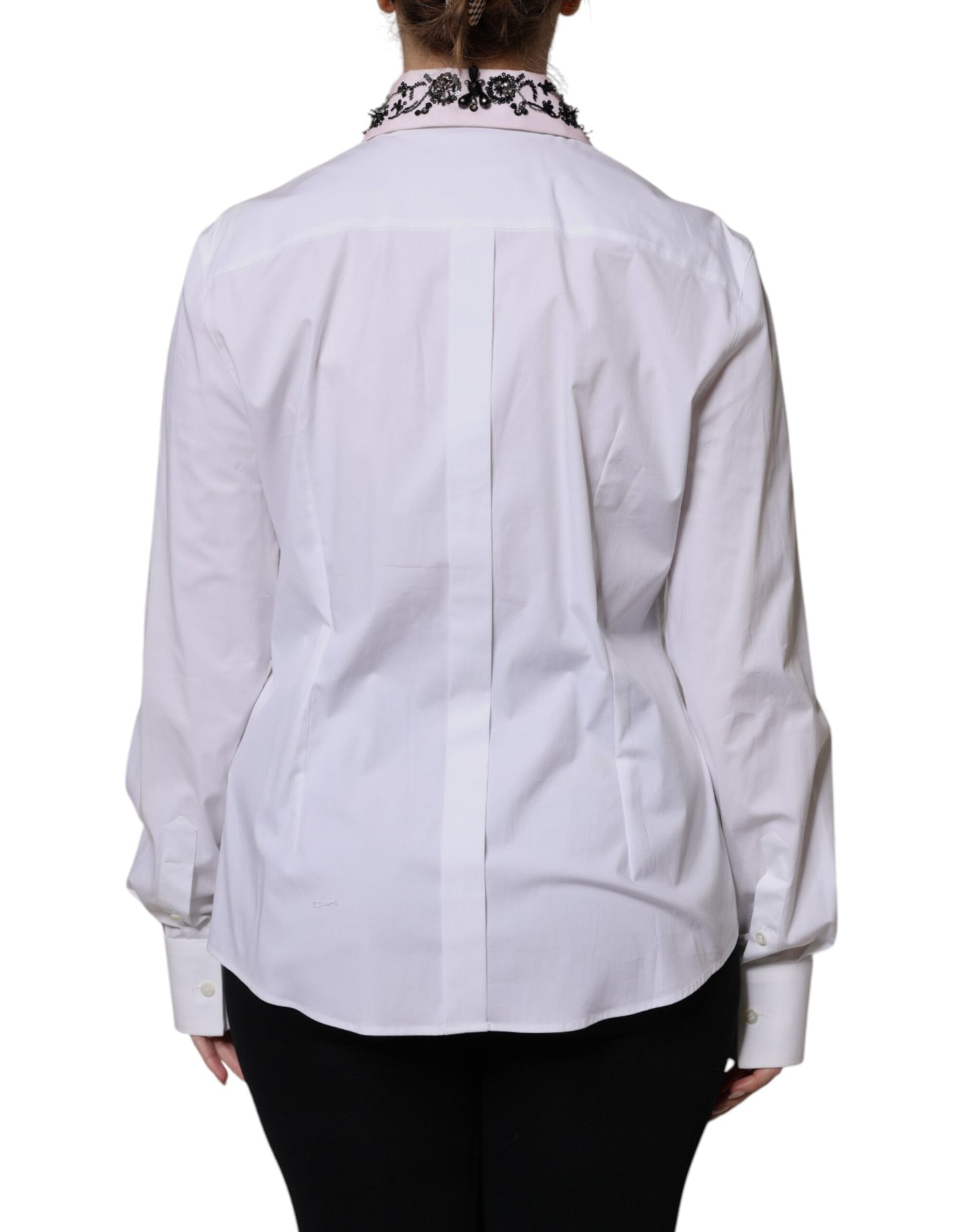 White Embellished Collared Dress Shirt Top