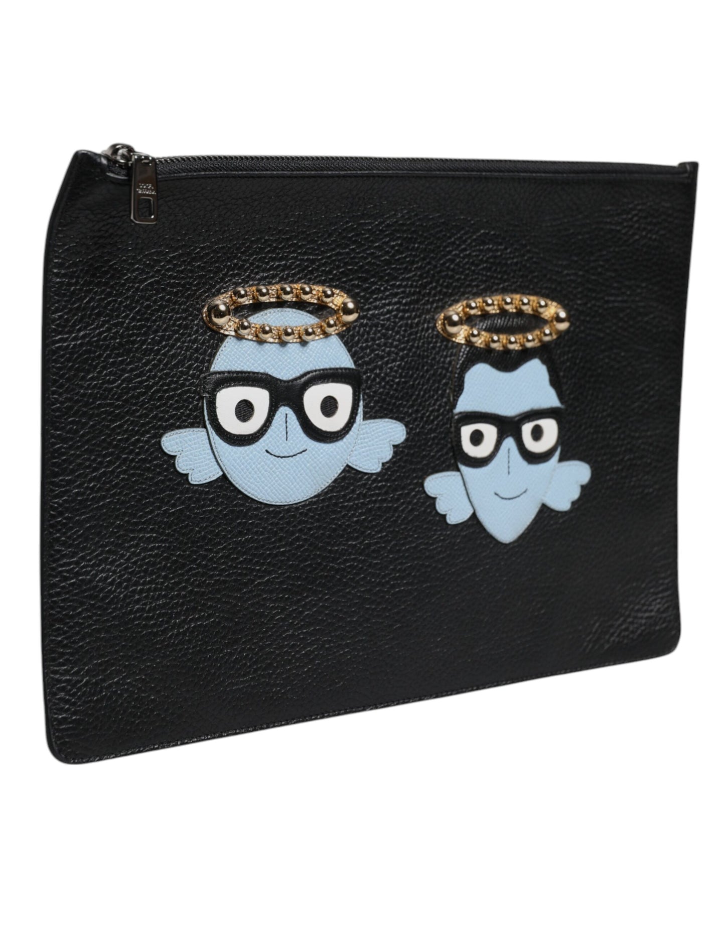 Black Leather #DGFAMILY Embellished Men Zip Pouch Bag
