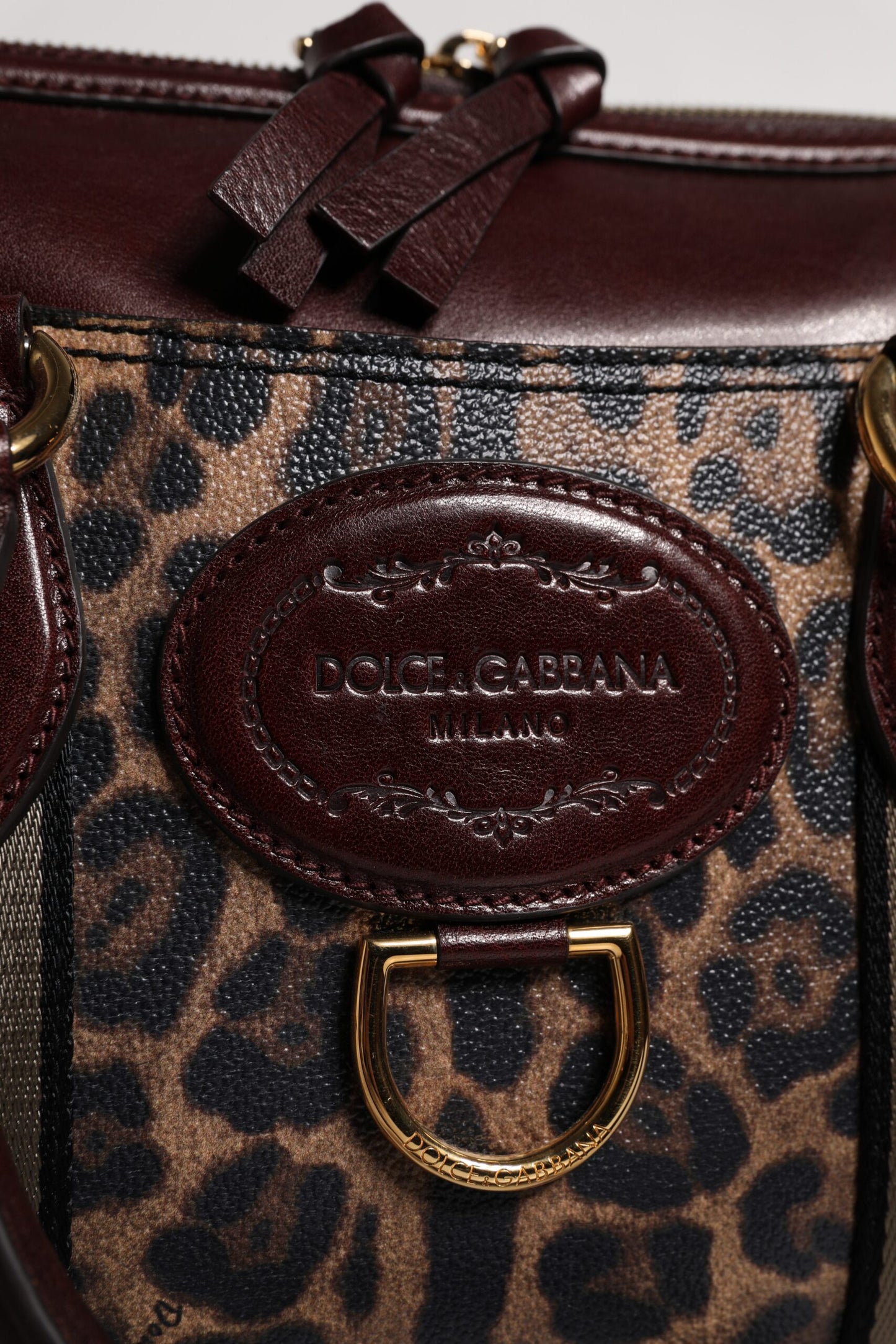 Brown Leopard Leather Shoulder Strap Duffle Bag