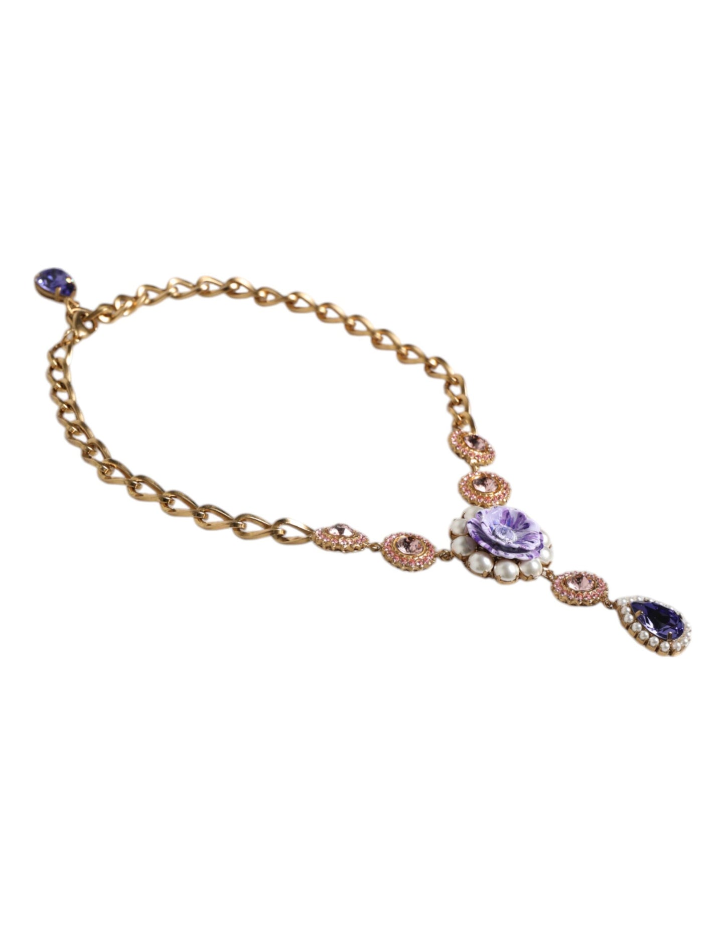 Gold Brass Floral Crystals Pearl Embellished Necklace