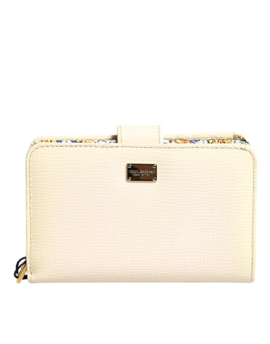 Ivory Calf Leather Compact Logo Plaque Card Holder Wallet