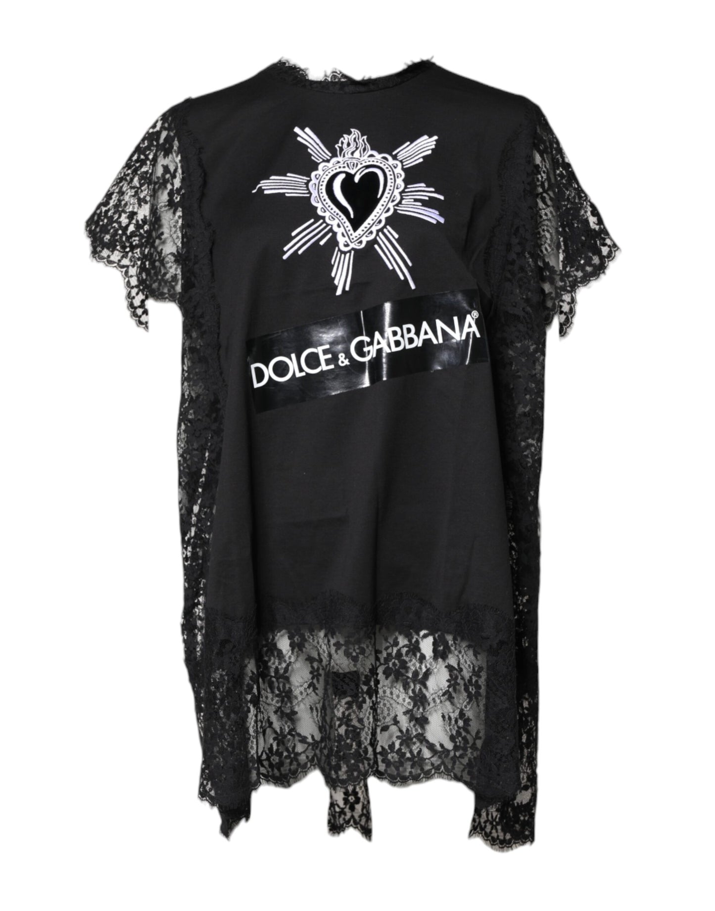 Black Lace Sheer Sacred Heart Crew Neck Top