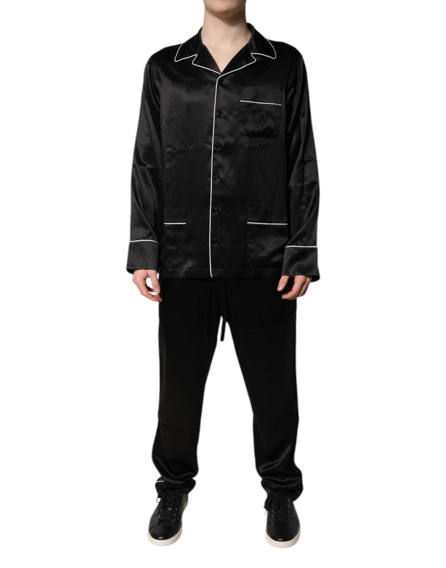 Black Silk Shirt Pants Pajama Set Sleepwear