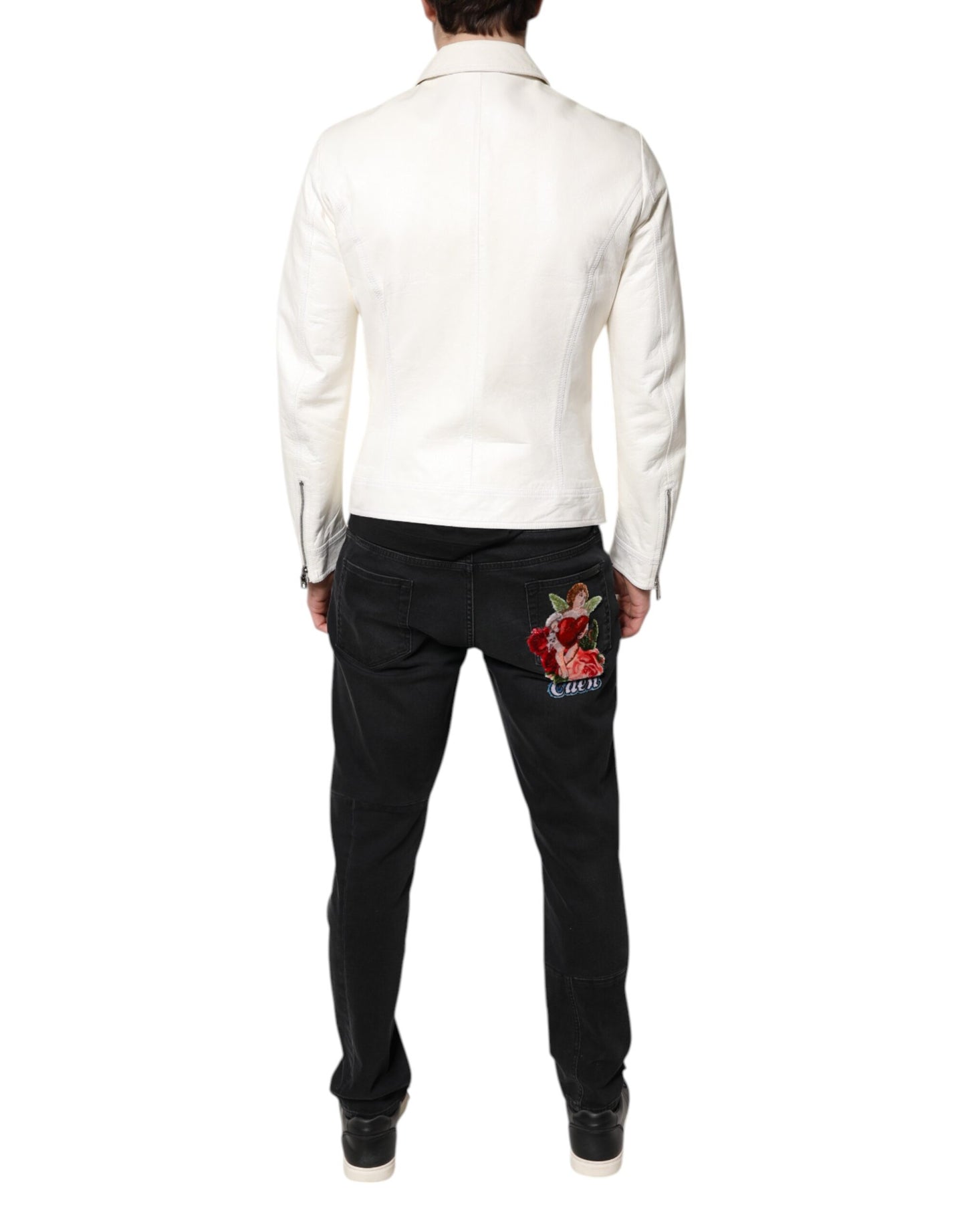 White Collared Full Zip Biker Coat Jacket