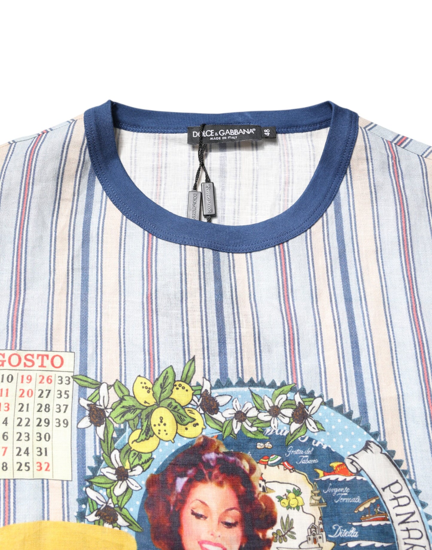 Multicolor Striped Pin Up Linen Round Neck T-shirt