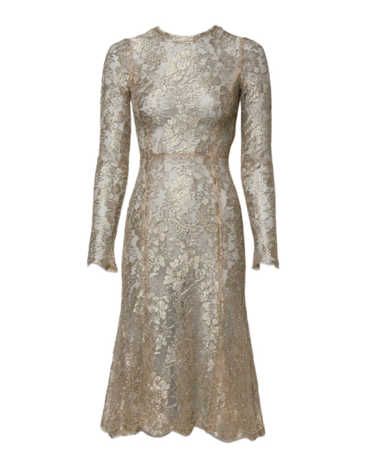 Gold Floral Lace Long Sleeves Fit & Flare Dress