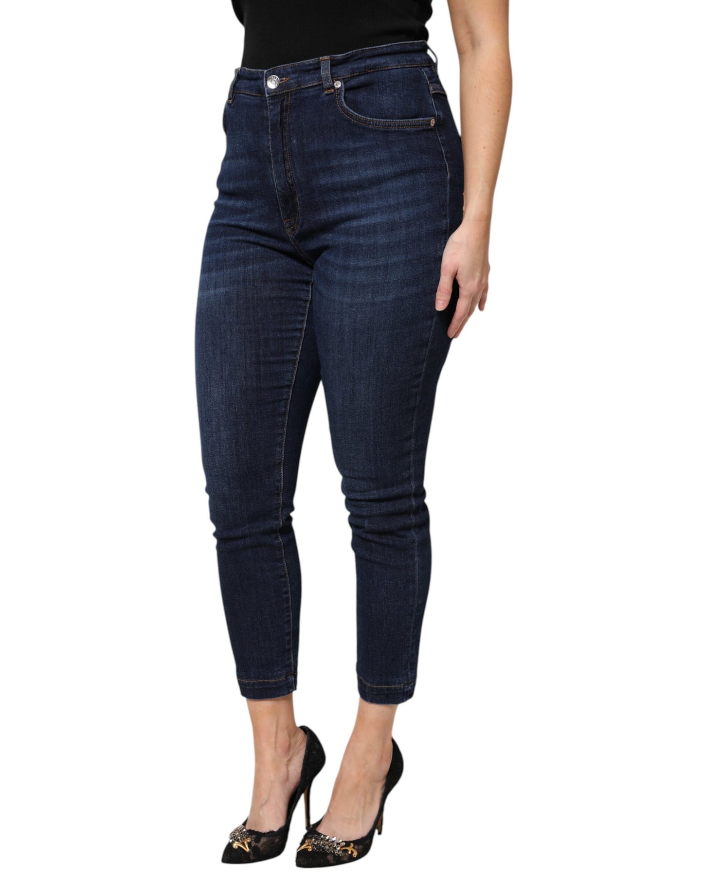 Blue Cotton High Waisted Cropped Denim Jeans