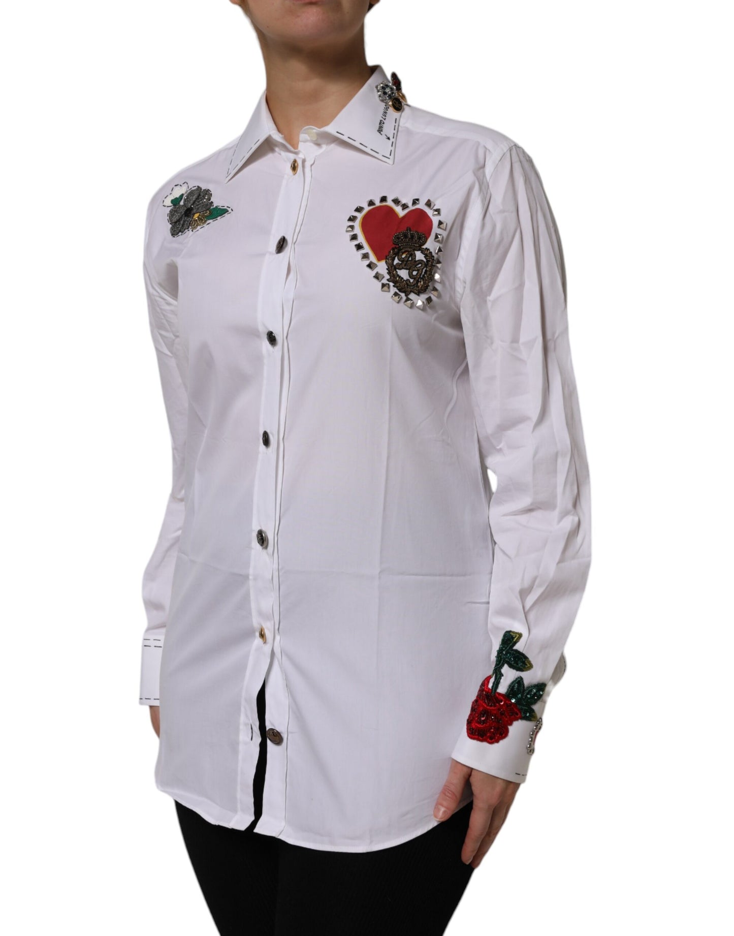 White Cotton Floral Embellished Shirt Top
