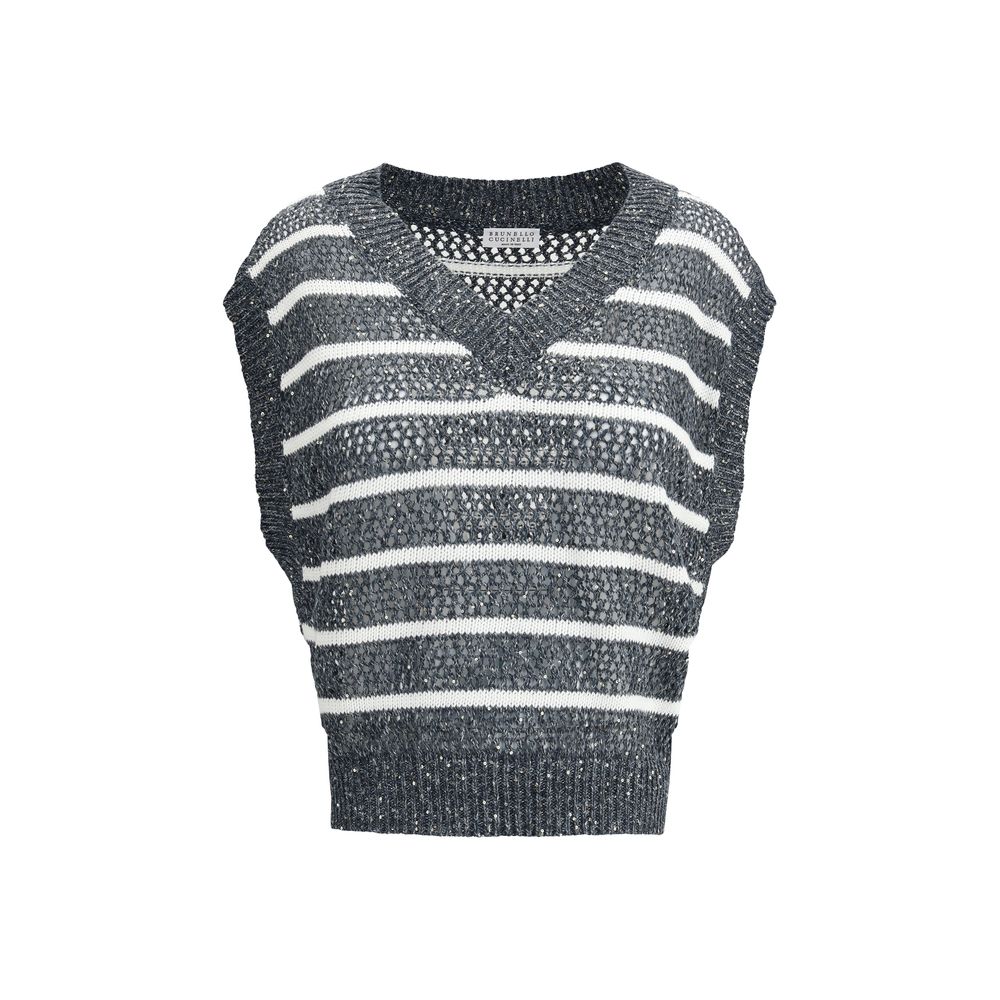 Blue Linen Sleeveles Sweater