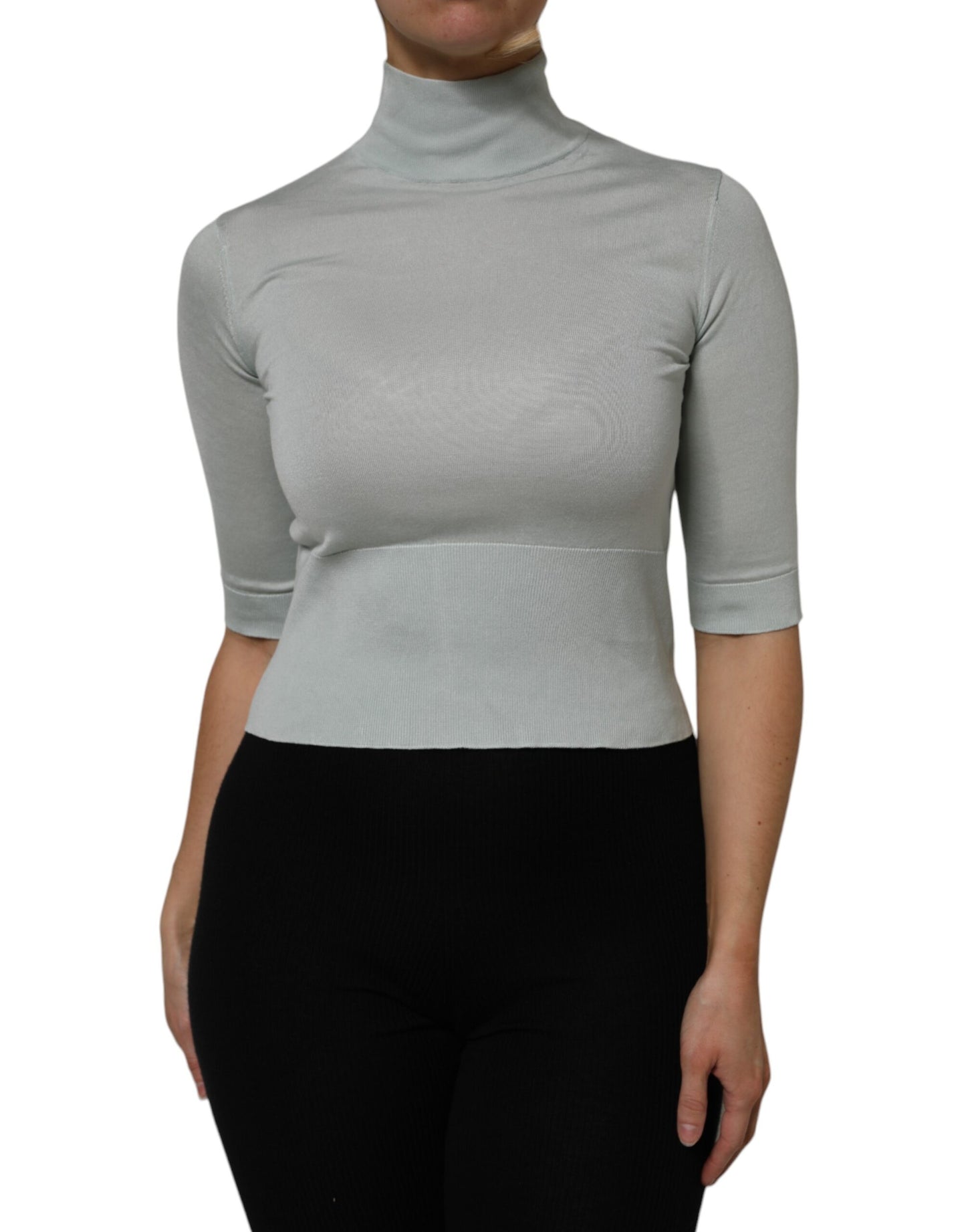 Light Green Silk Turtleneck 3/4 Sleeves Top
