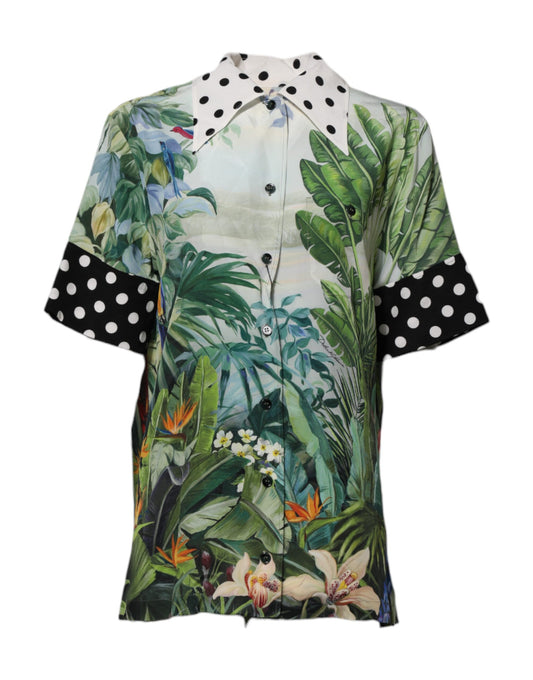 Multicolor Printed Silk Collared Shirt Top
