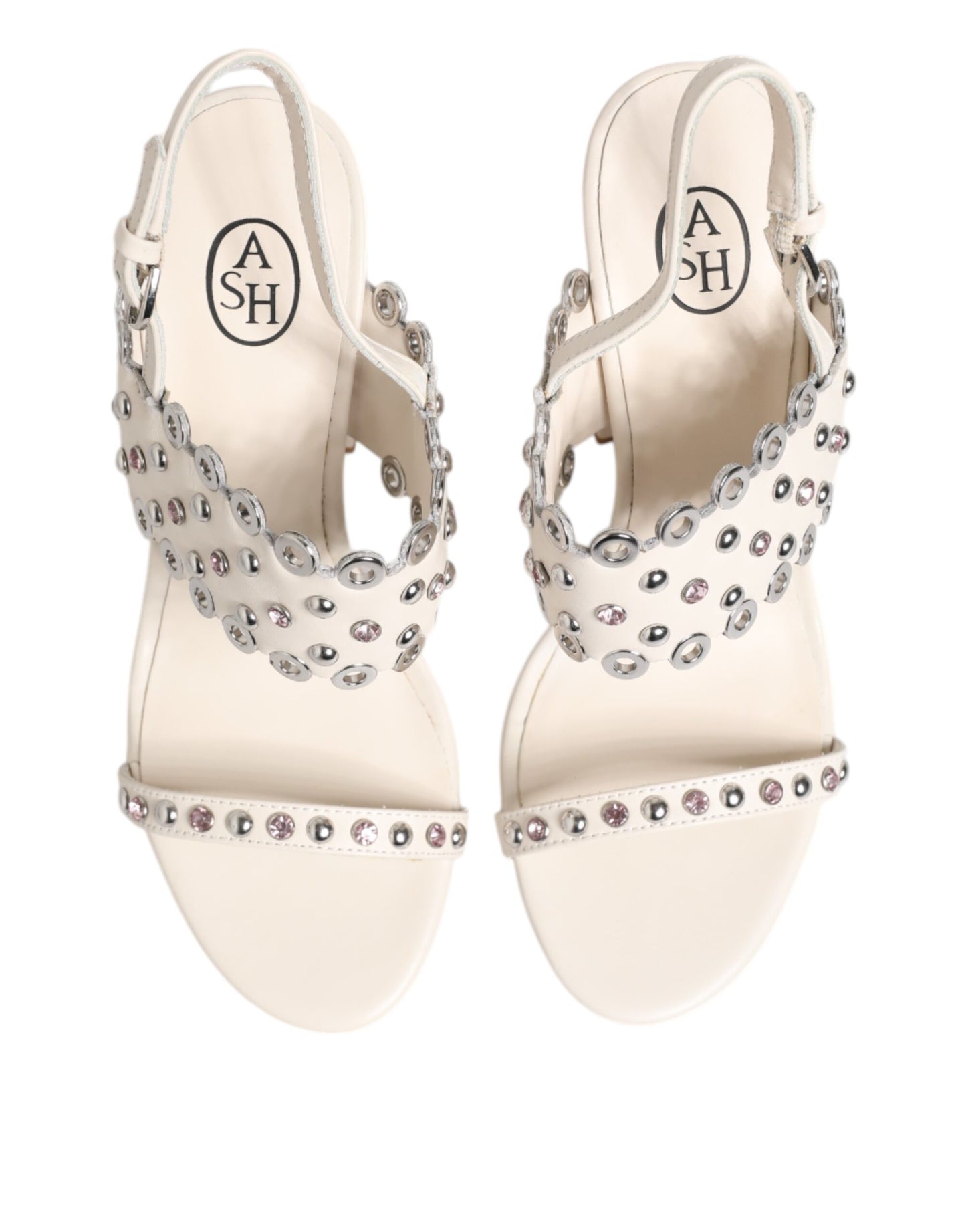 White Block Heeled Studded Quarter Strap Sandals Shoes