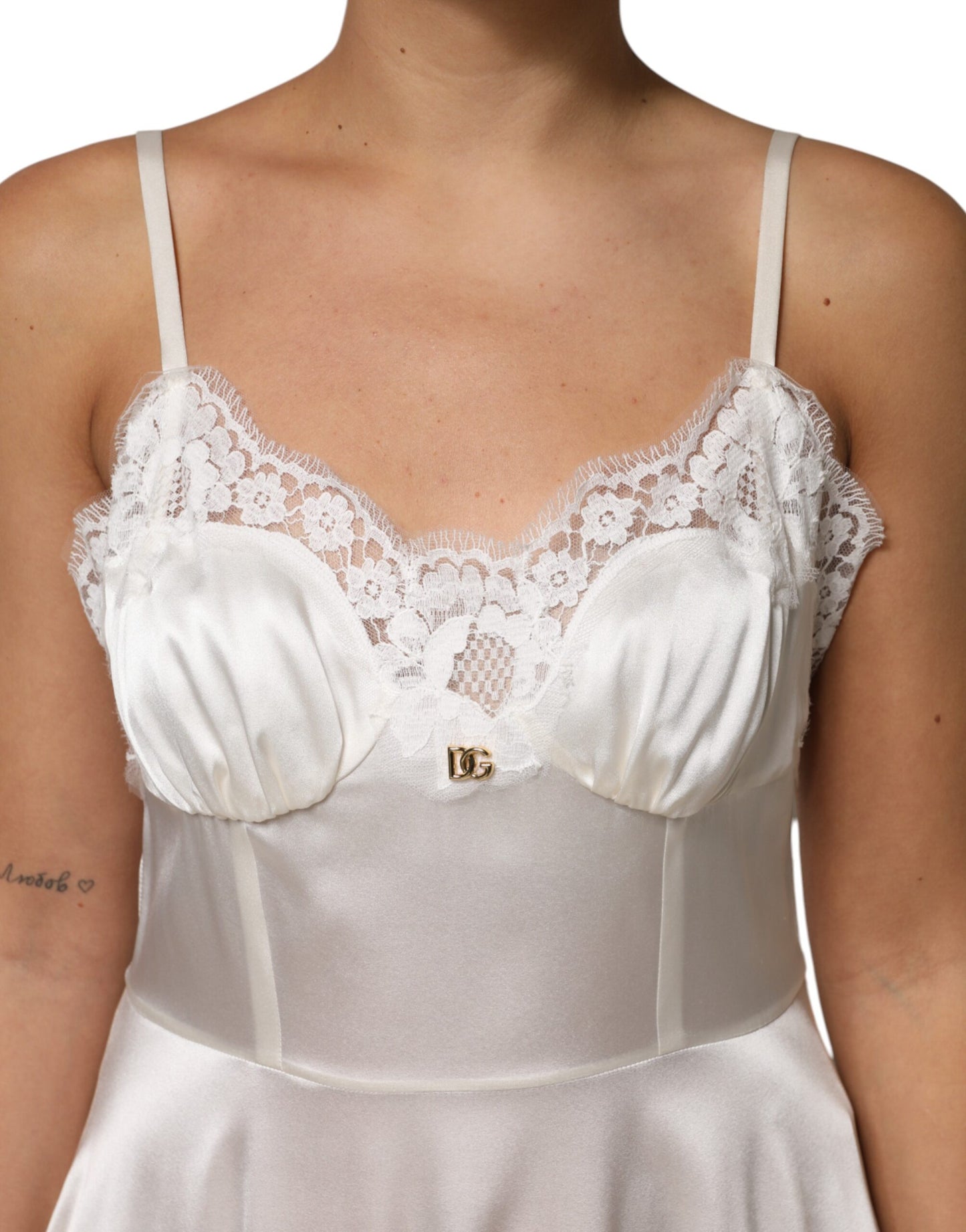 White Lace DG Logo Silk Dress Sleepwear