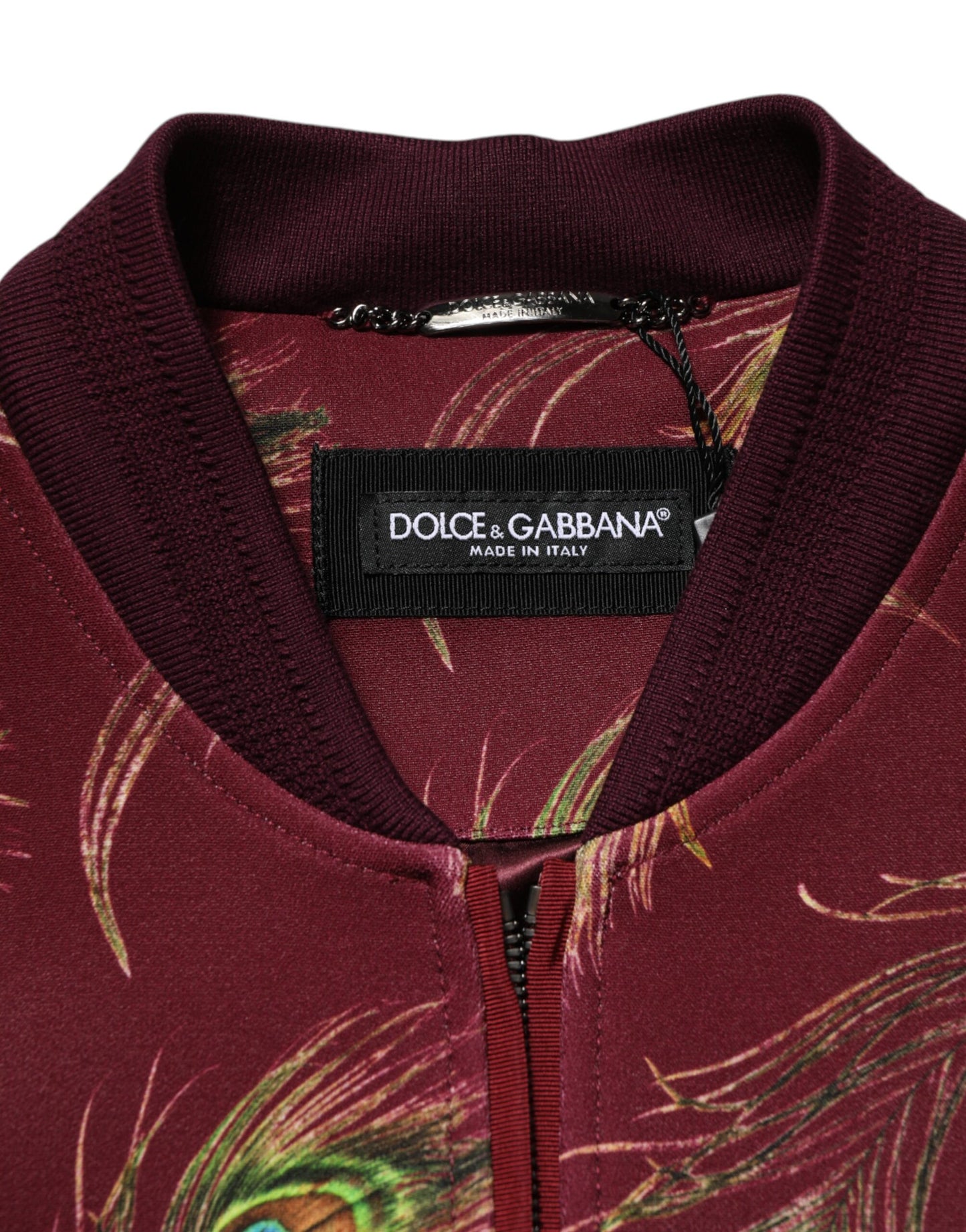 Maroon Peacock Feather Print Bomber Jacket