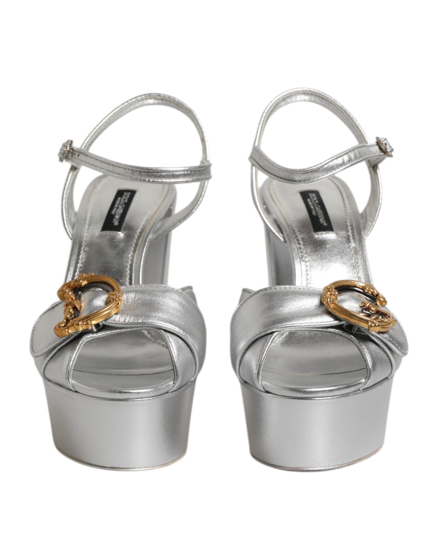 Silver Logo Ankle Strap Heels Sandals Shoes