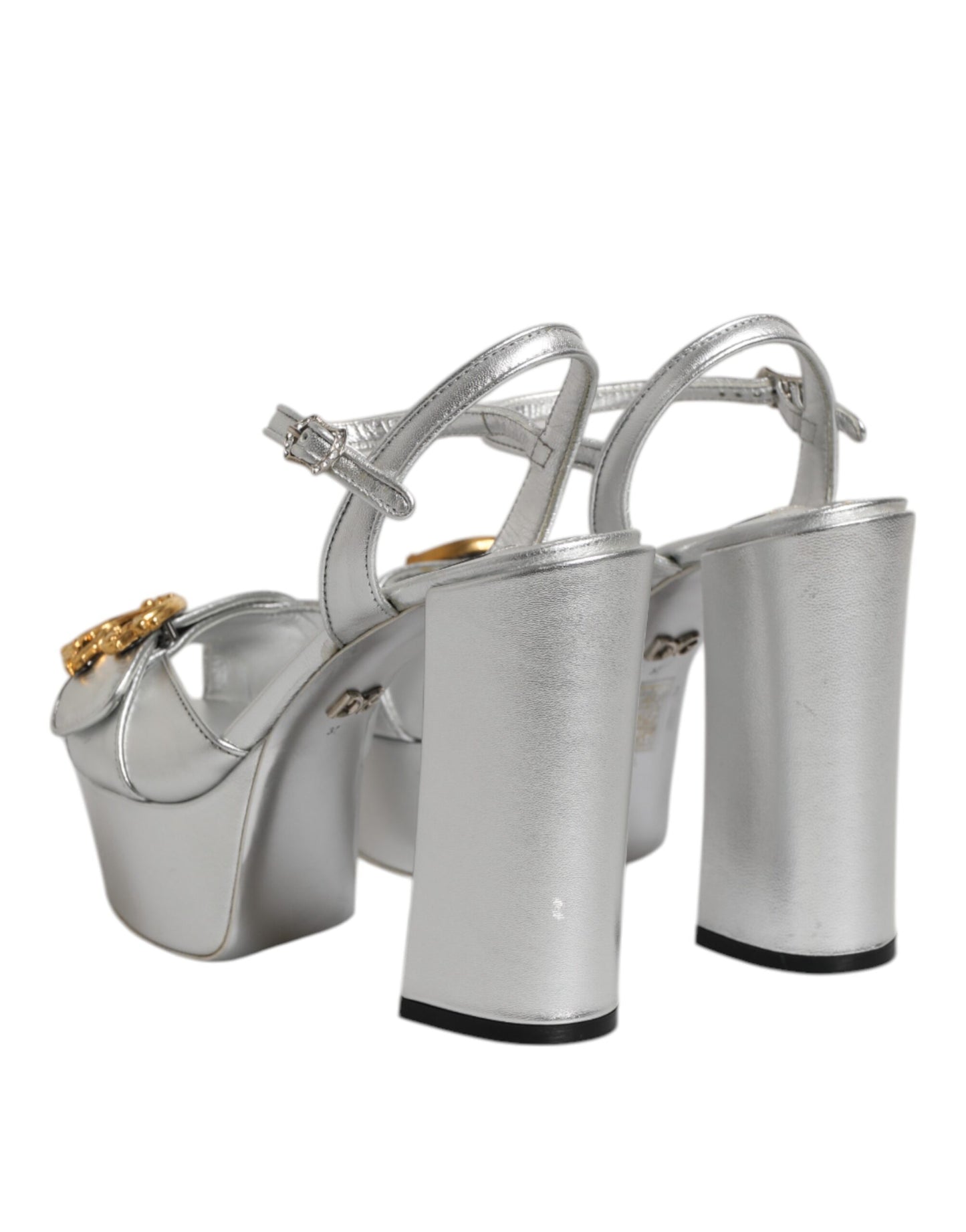 Silver Logo Ankle Strap Heels Sandals Shoes
