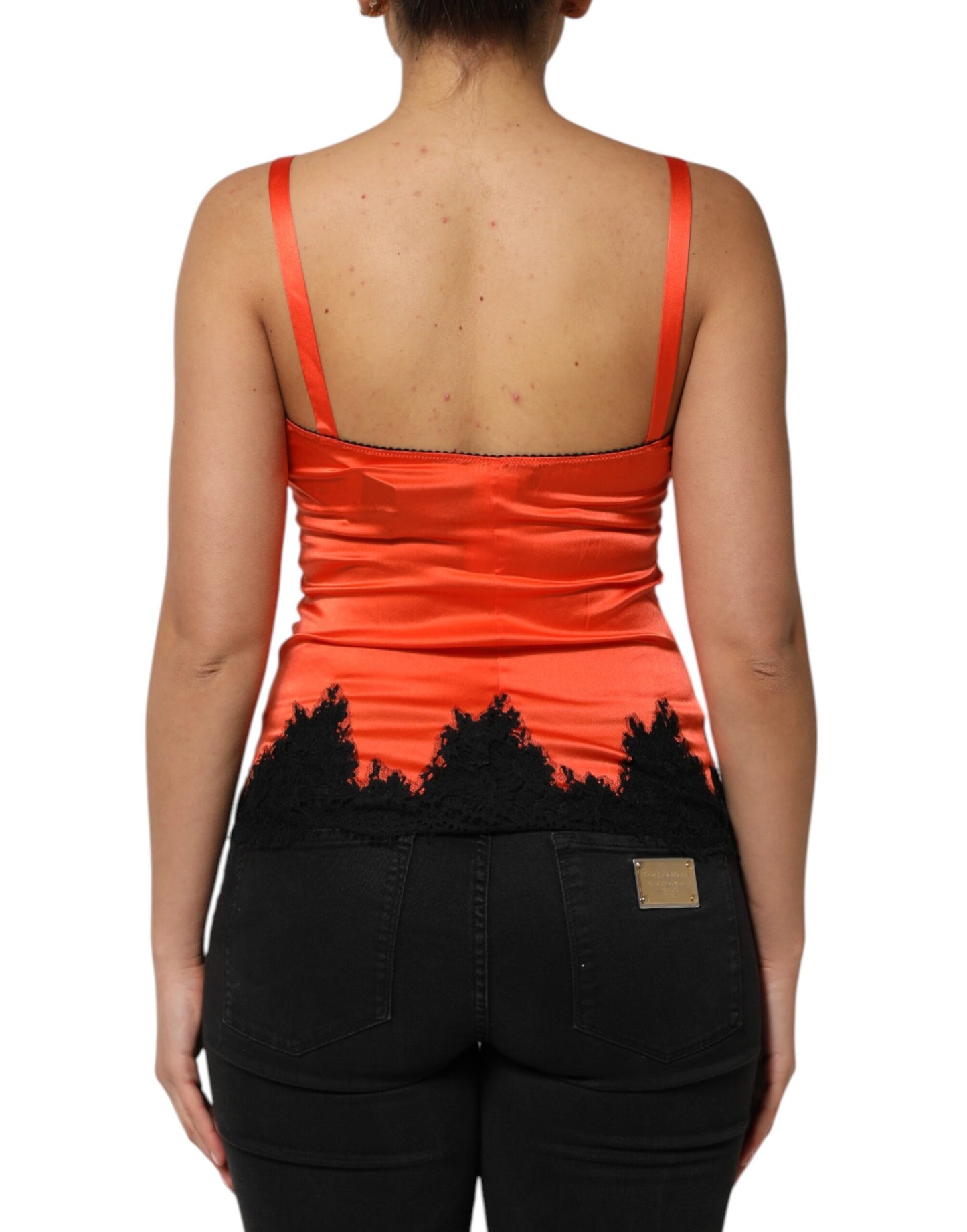 Red Black Lace Trim Silk Sleeveless Tank Top