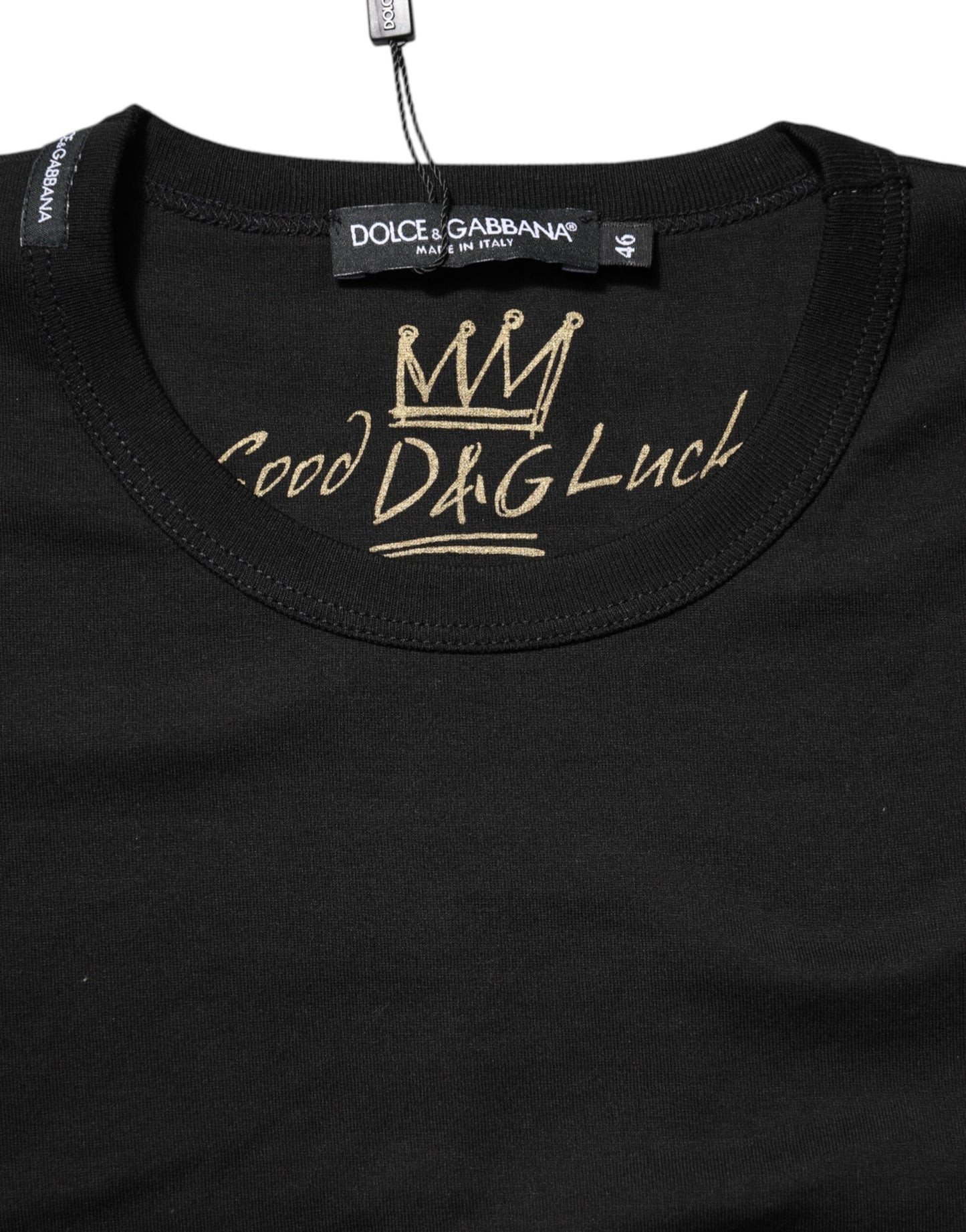Black Cotton Goodluck Tee Crew Neck T-shirt