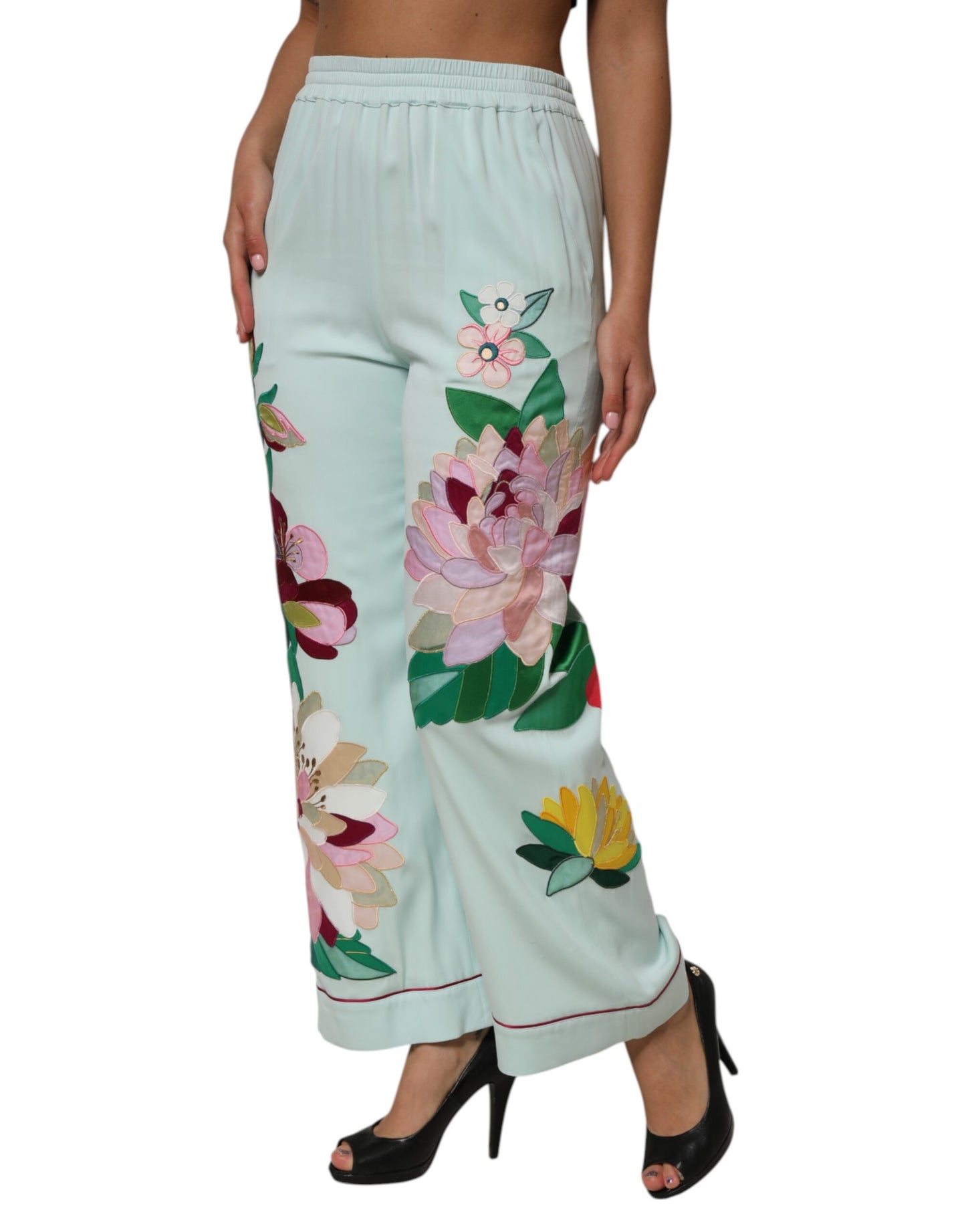 Green Floral Garterized Straight Pajama Pants