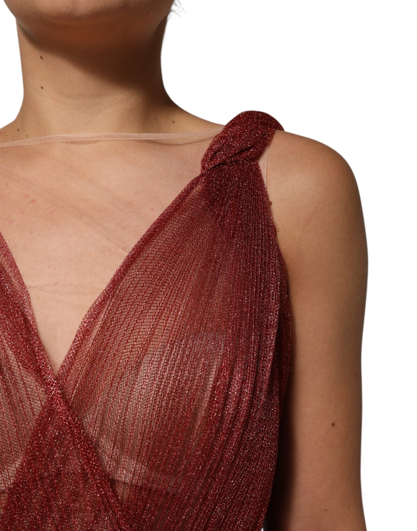 Burgundy Mesh Sleeveless Midi A-line Dress