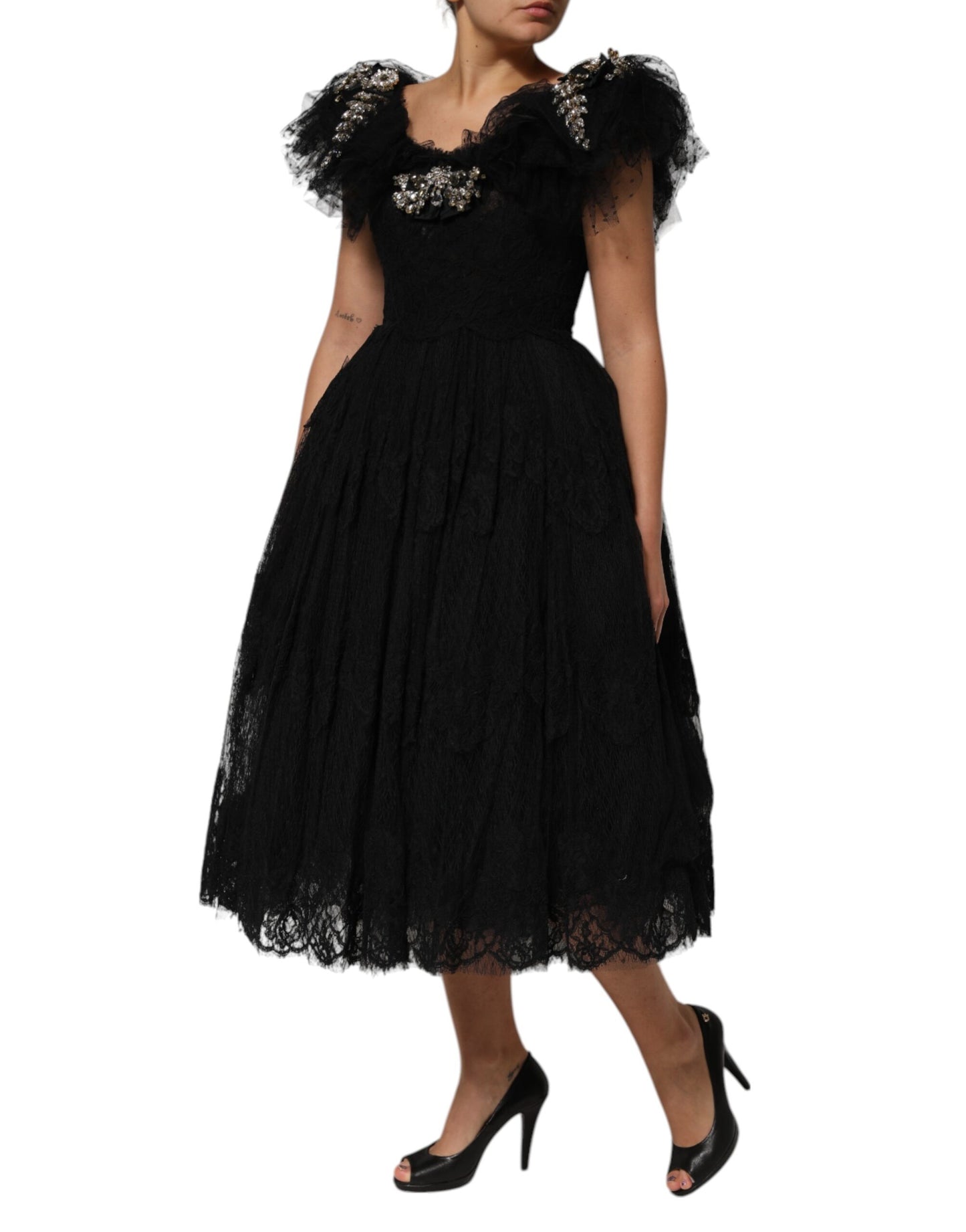Black Crystal Embellished Midi A-line Dress