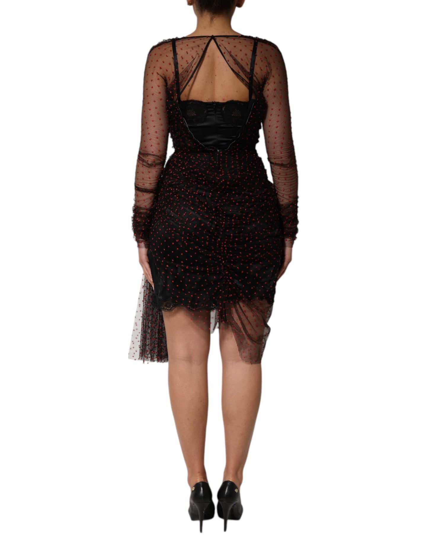 Black Lace Trim Long Sleeve Sheath Mini Dress