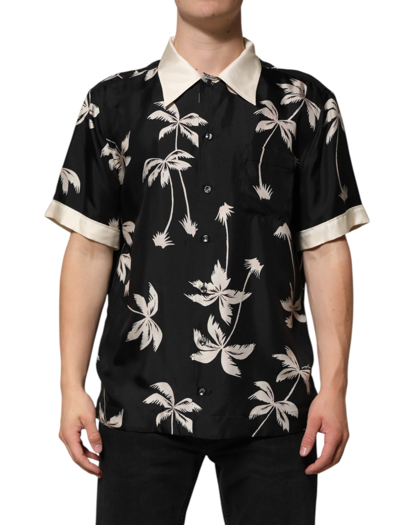 Black Printed Silk Short Sleeves Casual Shirt