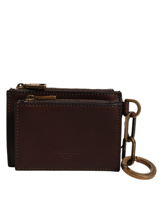 Brown Calf Leather Zip Logo Keyring Coin Purse Men Wallet