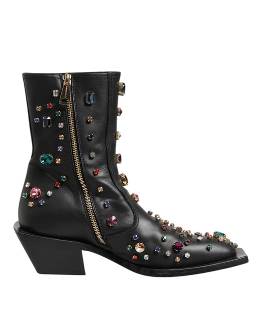 Black Crystal Cowboy Leather Men Boots Shoes
