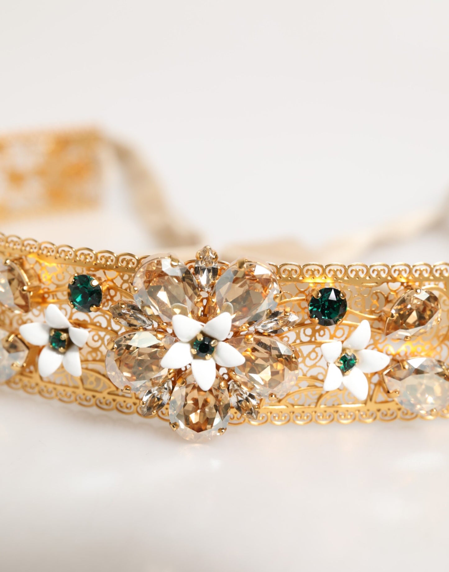 Gold Brass White Lilies Crystal Jewel Waist Women Belt