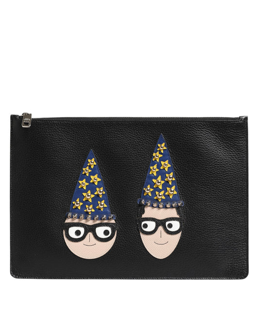 Black Leather #DGFAMILY Embellished Men Clutch Pouch Bag