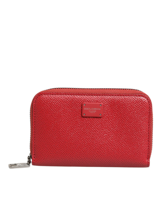 Red Leather Zip Around Logo Plaque Men Coin Purse Wallet