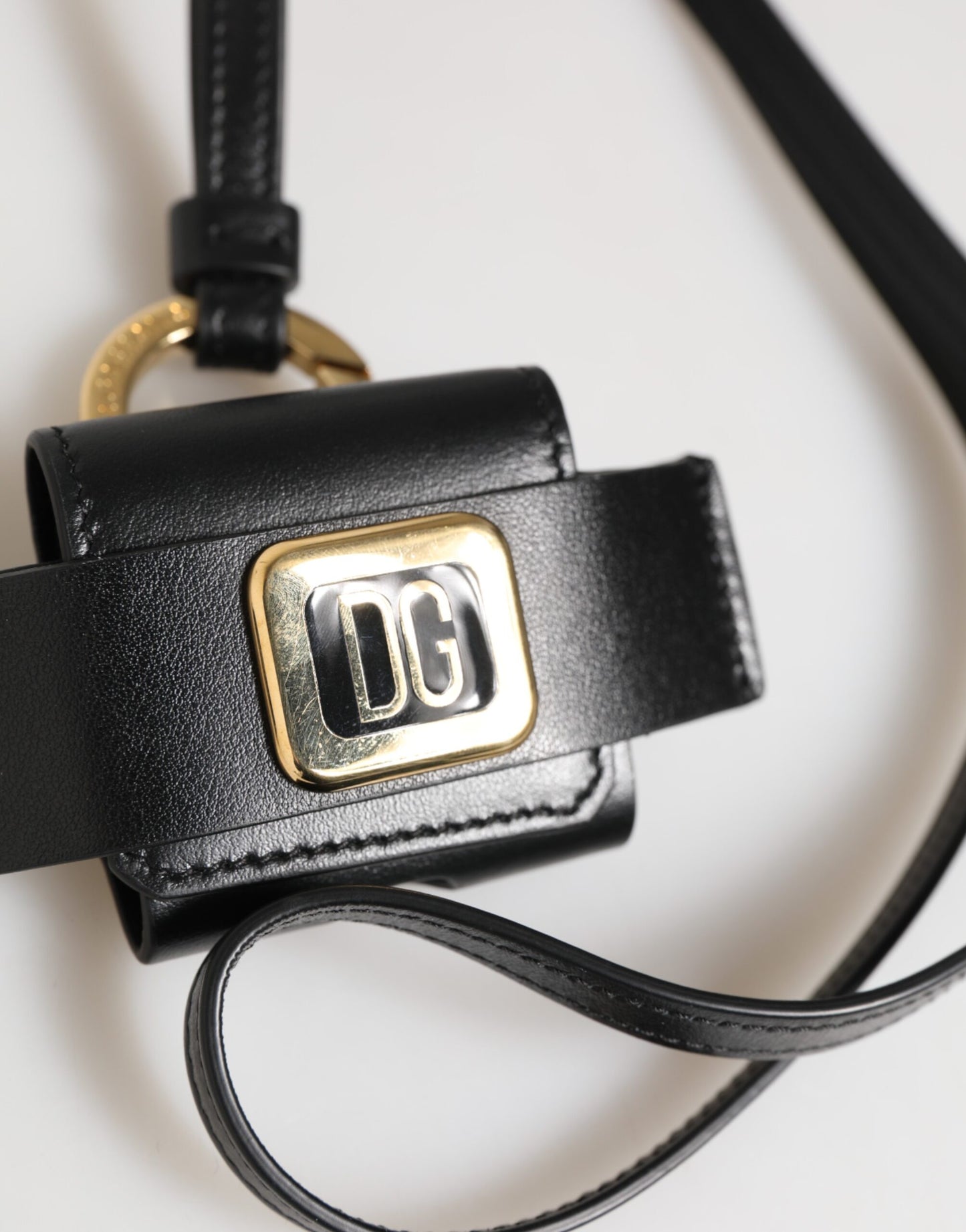 Black Leather Strap Gold Metal DG Logo Plaque Airpods Case