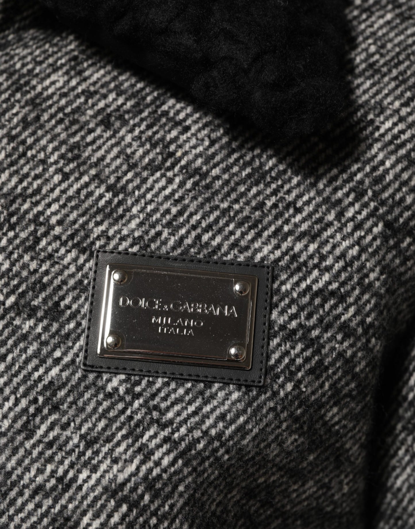Gray Wool Herringbone Shearling Collar Bomber Jacket