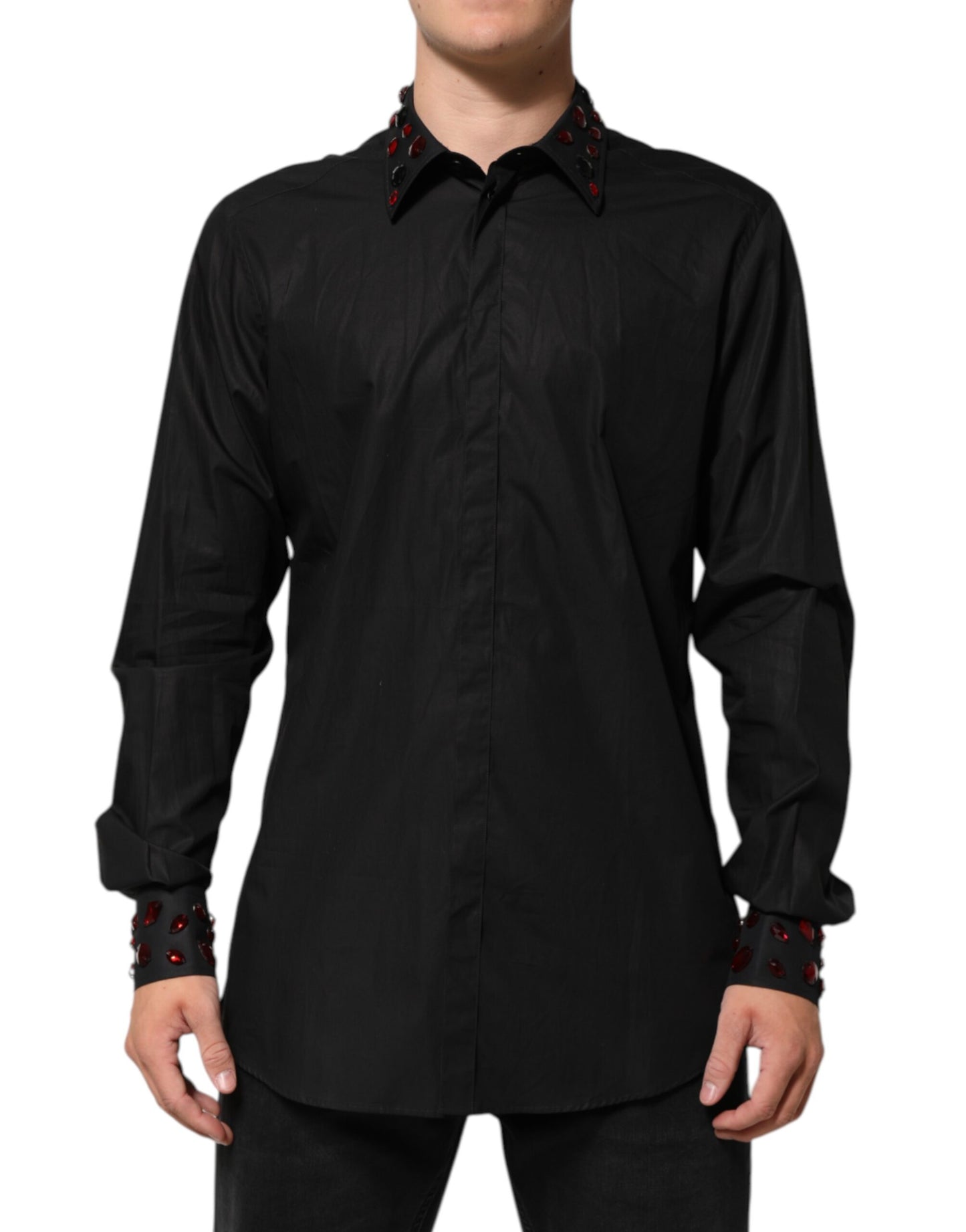Black Cotton Embellished Collar Mens Shirt