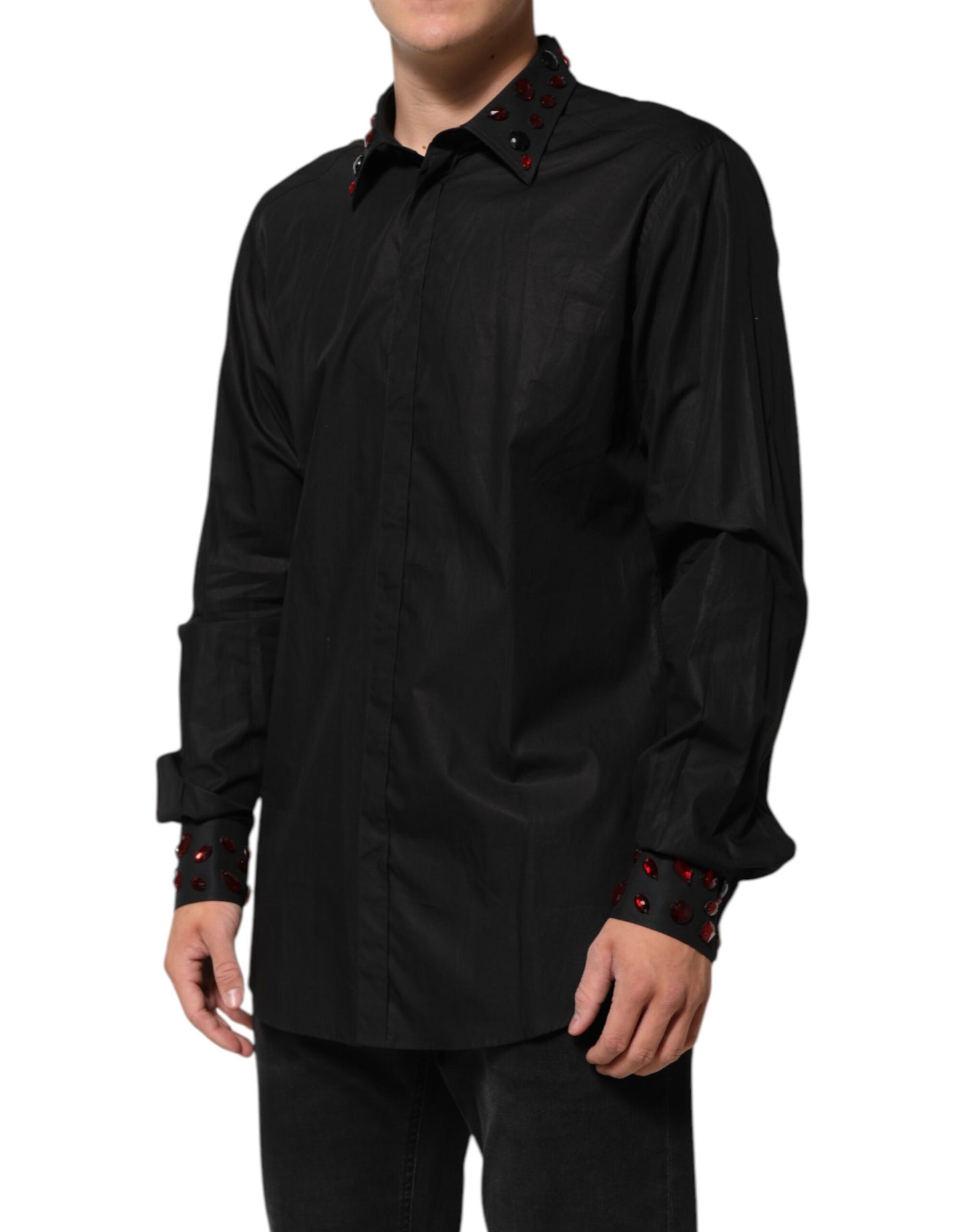 Black Cotton Embellished Collar Mens Shirt