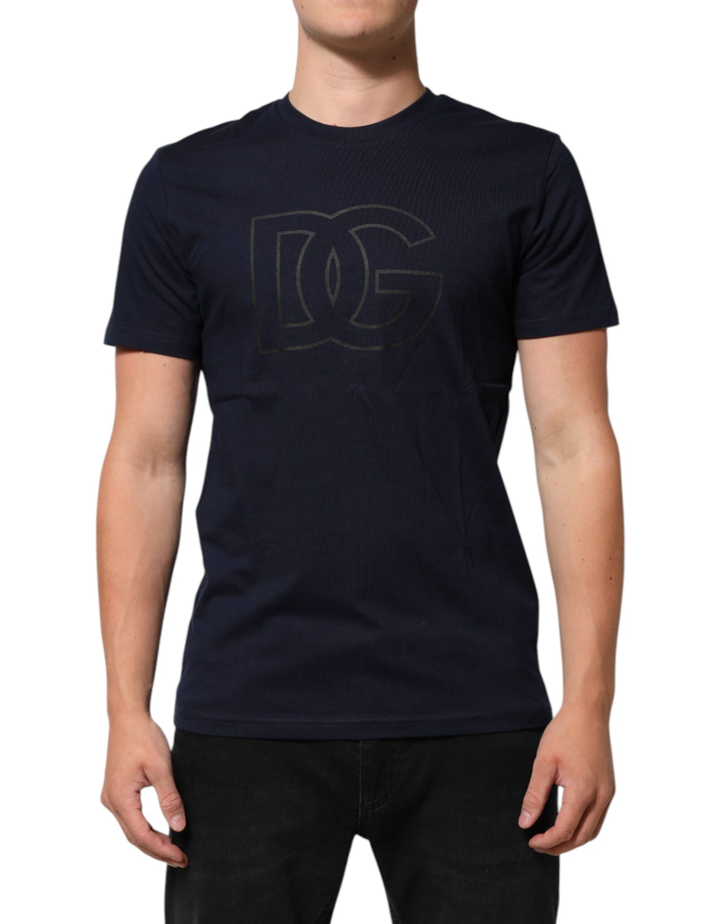 Dark Blue Cotton DG Logo Print Mens Top T-shirt
