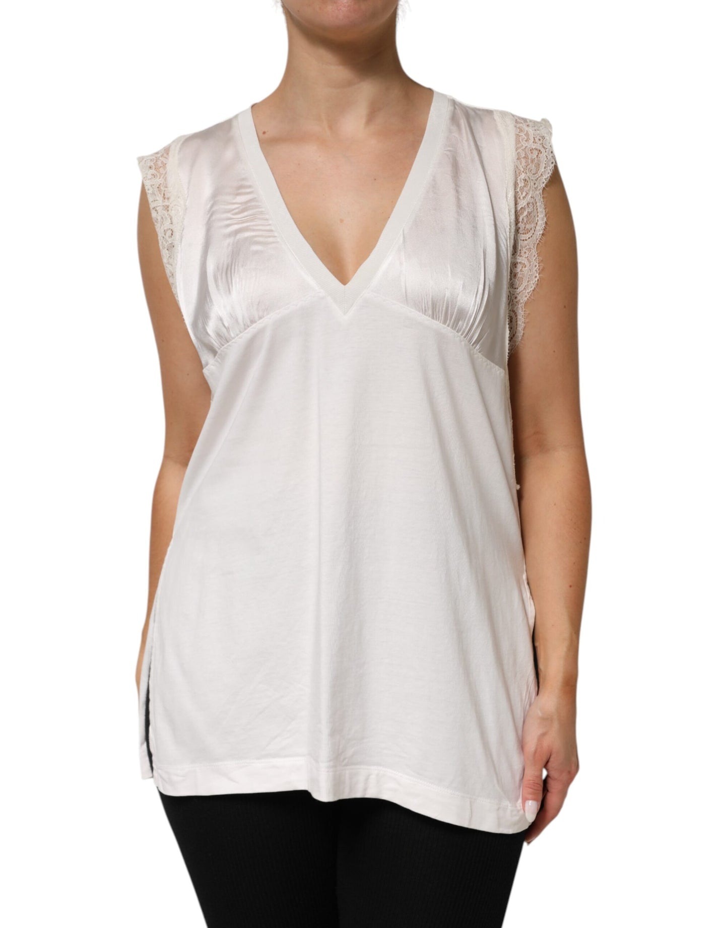 White Silk Blend Lace Trim Sleeveless V-Neck Womens Top
