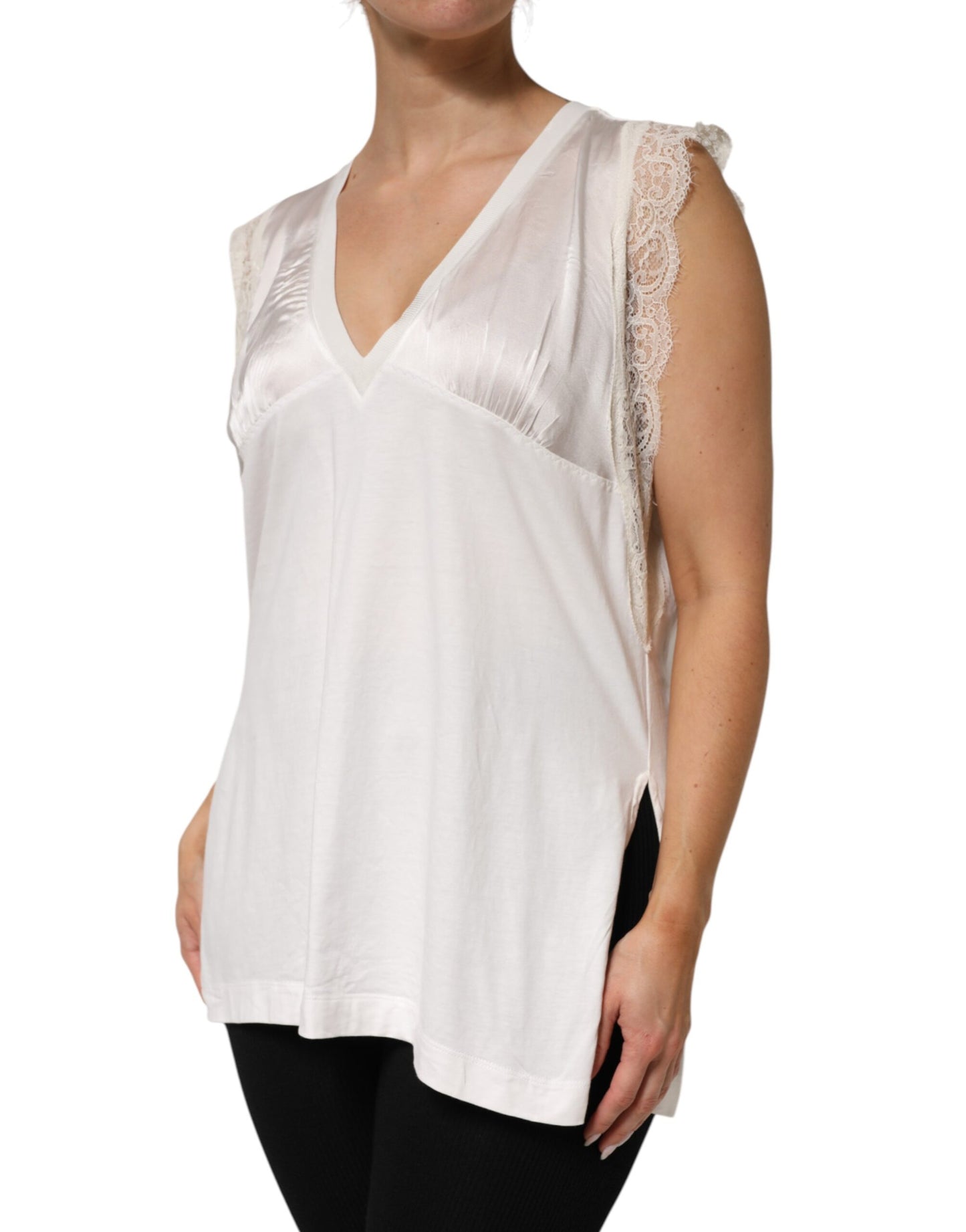 White Silk Blend Lace Trim Sleeveless V-Neck Womens Top