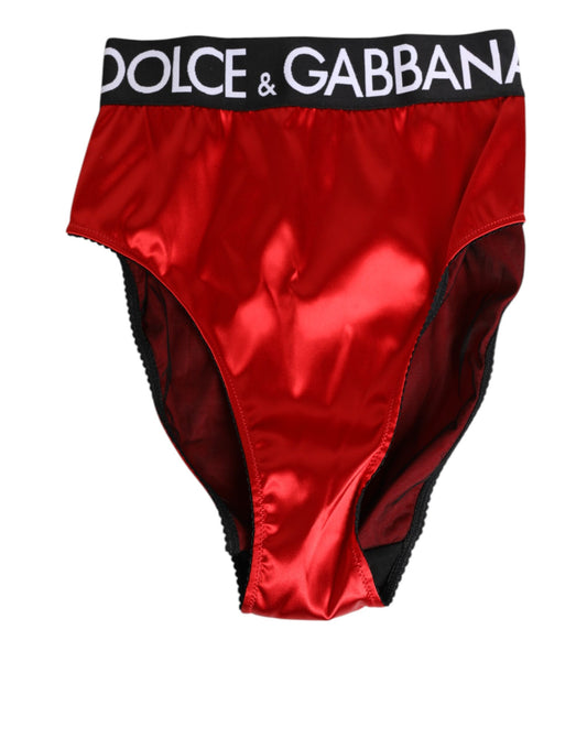 Red Satin High-Waist Briefs Logo Women Underwear
