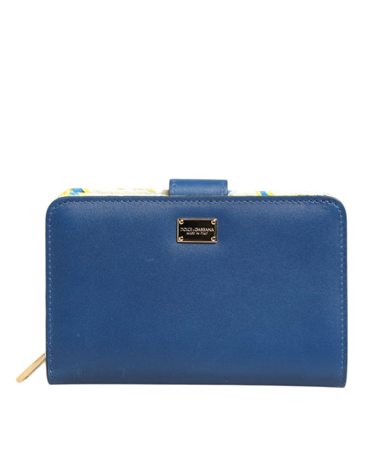 Blue Leather Continental Tile Print Zip Card Holder Purse Wallet