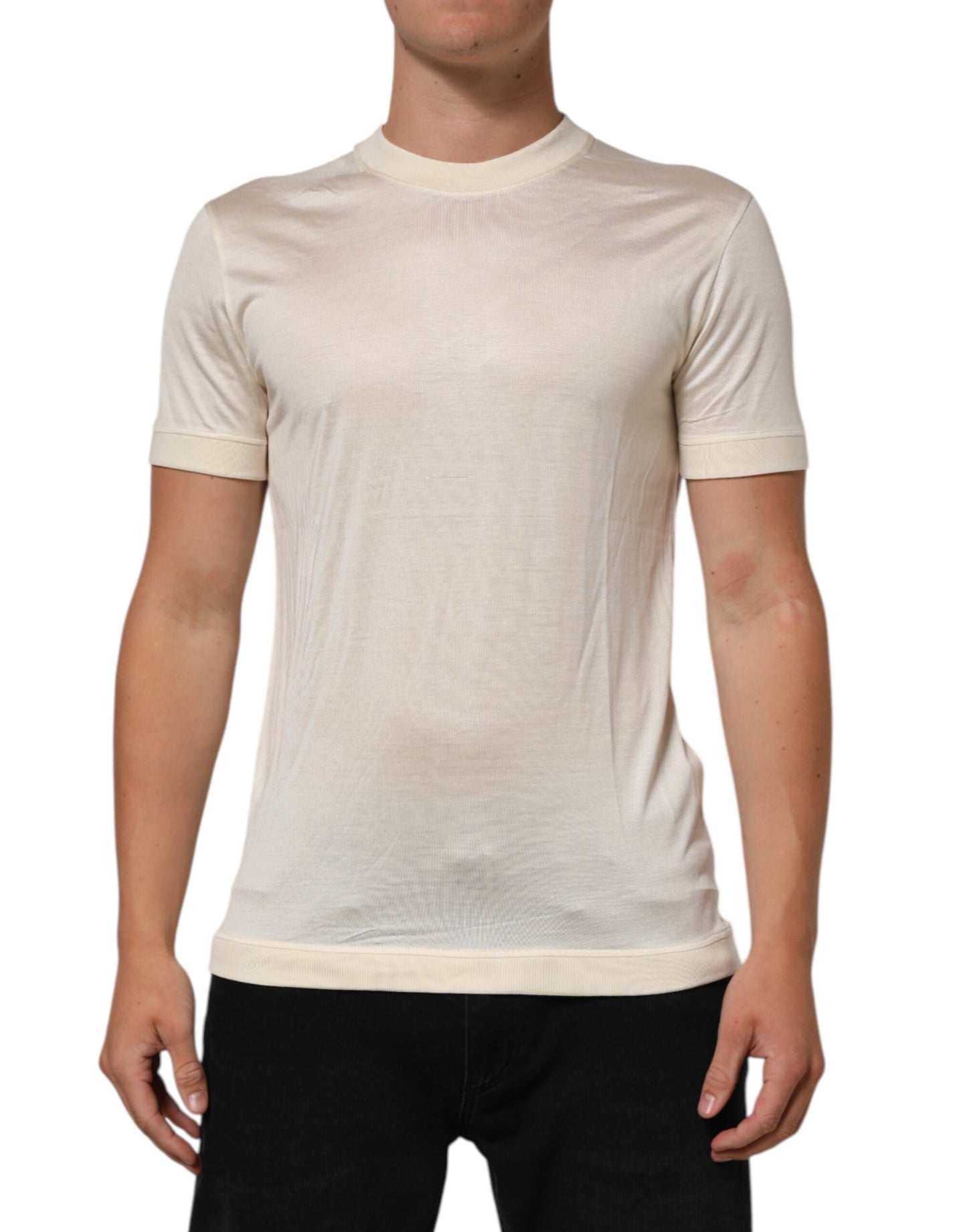 Off White Silk Crew Neck Short Sleeve T-shirt
