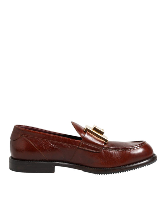 Brown Leather Logo Slip On Men Dress Shoes