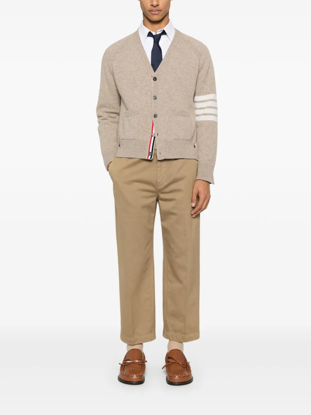 Shetland Wool 4-Bar Relaxed Fit V Neck Cardigan