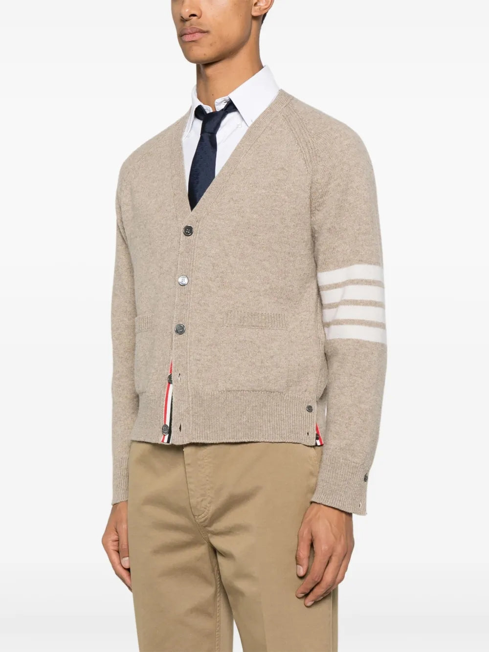 Shetland Wool 4-Bar Relaxed Fit V Neck Cardigan