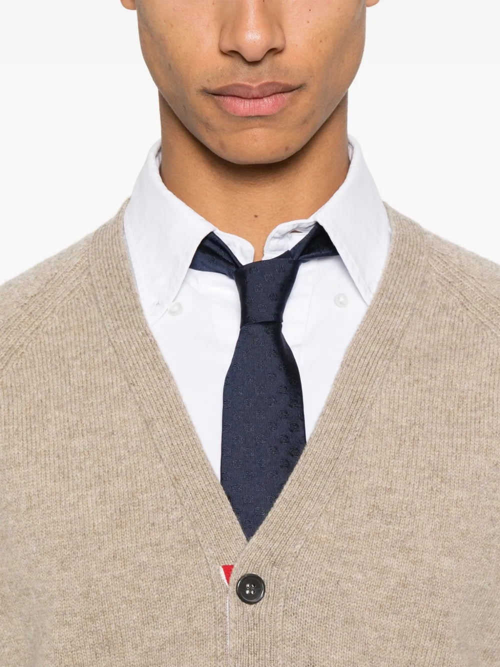 Shetland Wool 4-Bar Relaxed Fit V Neck Cardigan