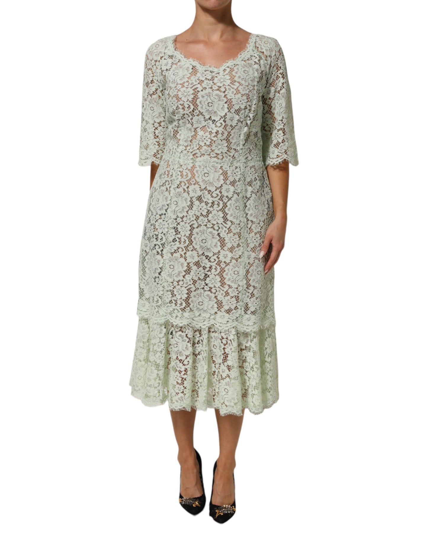 Mint Green Floral Lace Trim Midi Dress